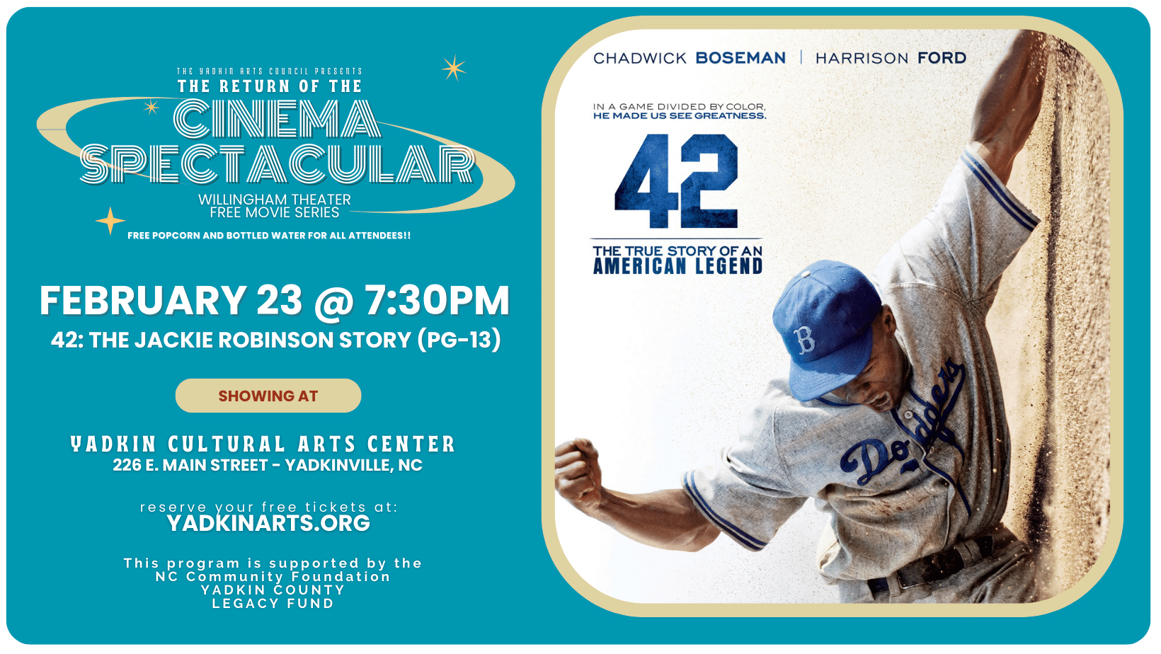 The Return of the Cinema Spectacular Free Movies Series - 42: THE JACKIE ROBINSON STORY (PG-13) - February 23, 2024 @ 7:30pm
